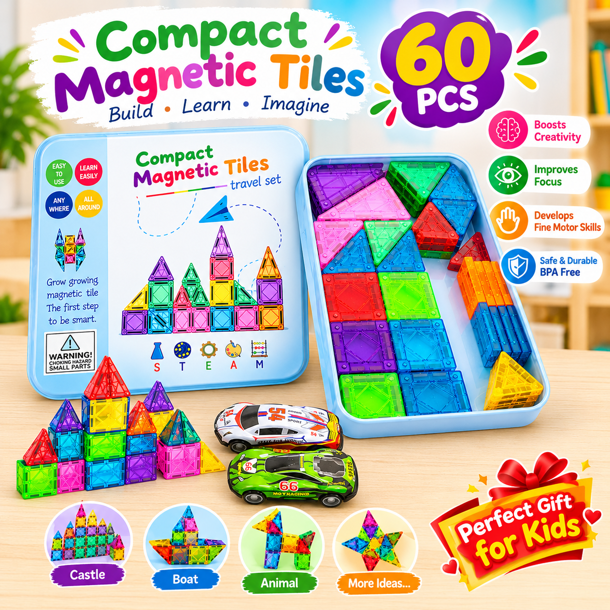 60 PCS Magnetic Tile Adventure Set