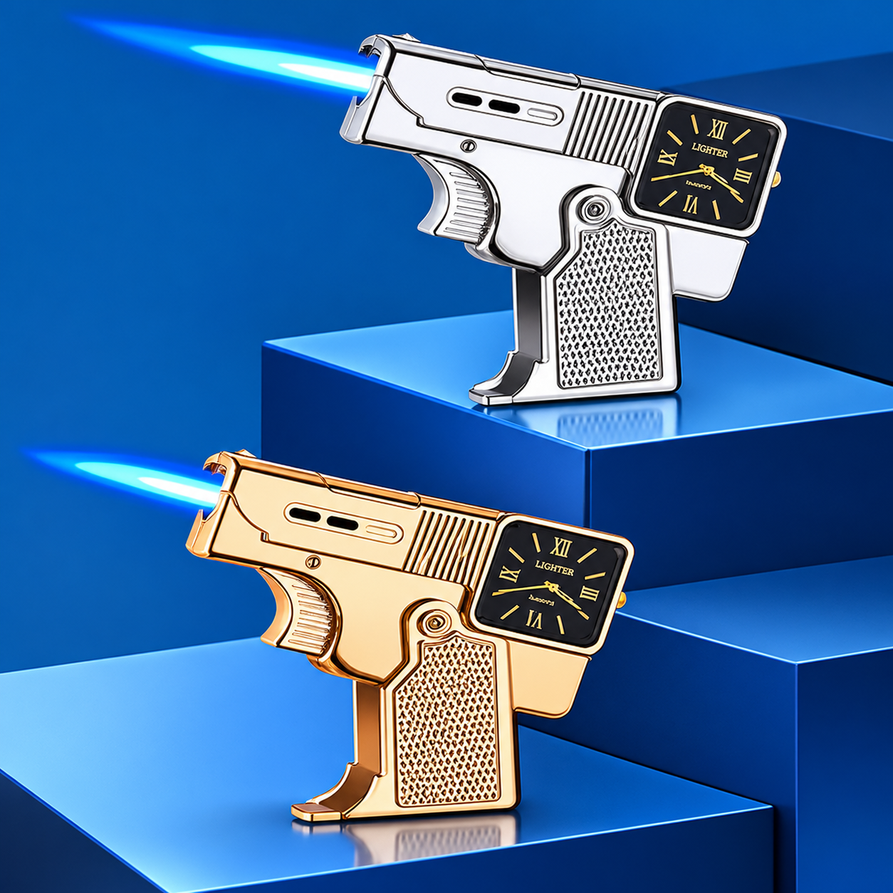 Silver and Gold Torch Lighter Showcase